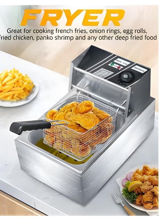 Stainless Steel 6L Deep Oil Fryer with Basket Strainer Jumbo Size Adjustable Temperature & Timer, Perfect Chicken, Shrimp, French Fries, Chips & More, Removable Oil Container