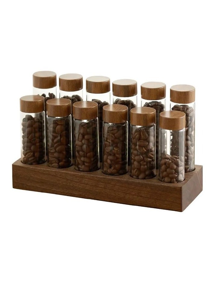 Liying 12Pcs Coffee Bean Storage Tubes with Wooden Stand, Glass Vials with Lids for Tea, Coffee, and Spices