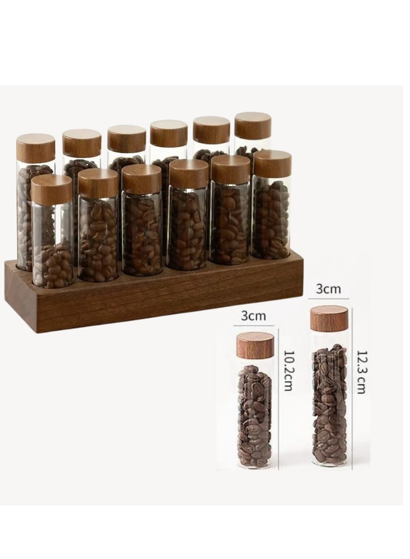 Liying 12Pcs Coffee Bean Storage Tubes with Wooden Stand, Glass Vials with Lids for Tea, Coffee, and Spices