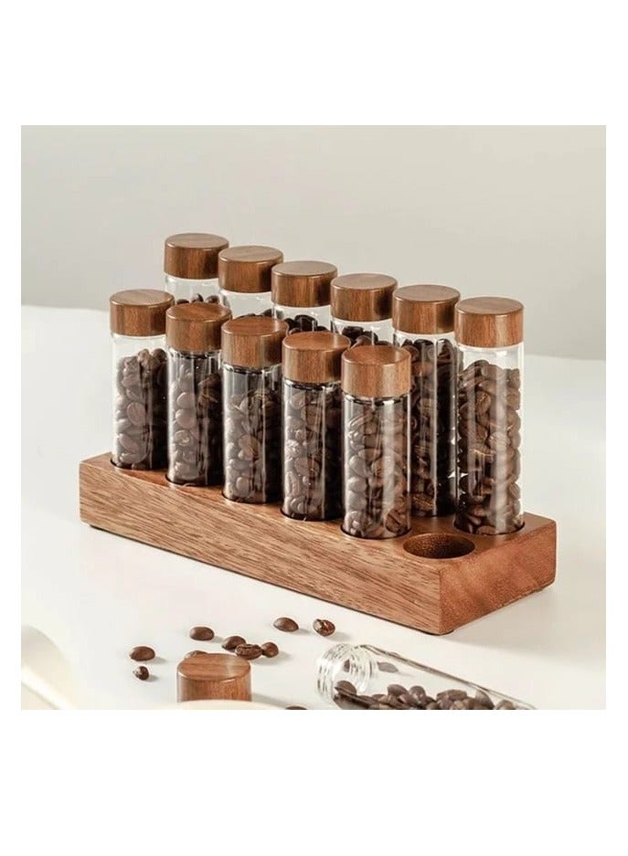 Liying 12Pcs Coffee Bean Storage Tubes with Wooden Stand, Glass Vials with Lids for Tea, Coffee, and Spices