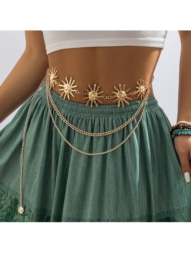 Waist Chain Belt, Multilayer Gold Silver Sun Moon Chain Belt for Women, Dress Body Belly Chain Metal Waist Chain