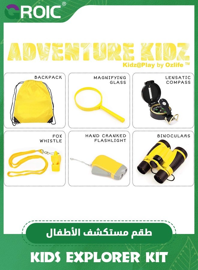 6 Pcs Kids Explorer Kit - Adventure Kit for Kids, Outdoor Explorer Kit with Binoculars, Outdoor Toys for Kids, Yellow Backpack, Binoculars, Magnifying Glass, Lensatic Compass, Whistle