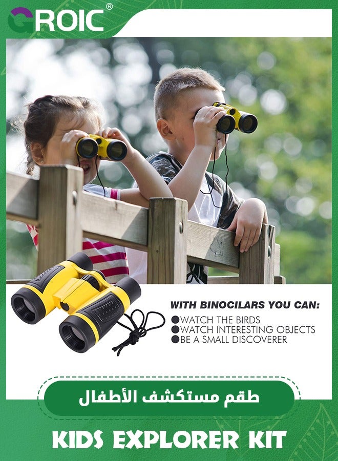 6 Pcs Kids Explorer Kit - Adventure Kit for Kids, Outdoor Explorer Kit with Binoculars, Outdoor Toys for Kids, Yellow Backpack, Binoculars, Magnifying Glass, Lensatic Compass, Whistle