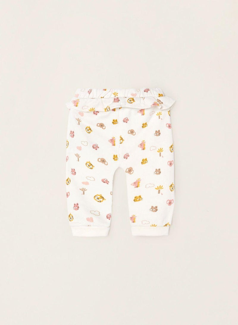 Cotton Trousers for Newborn Baby Girls 'Jungle Animals', White