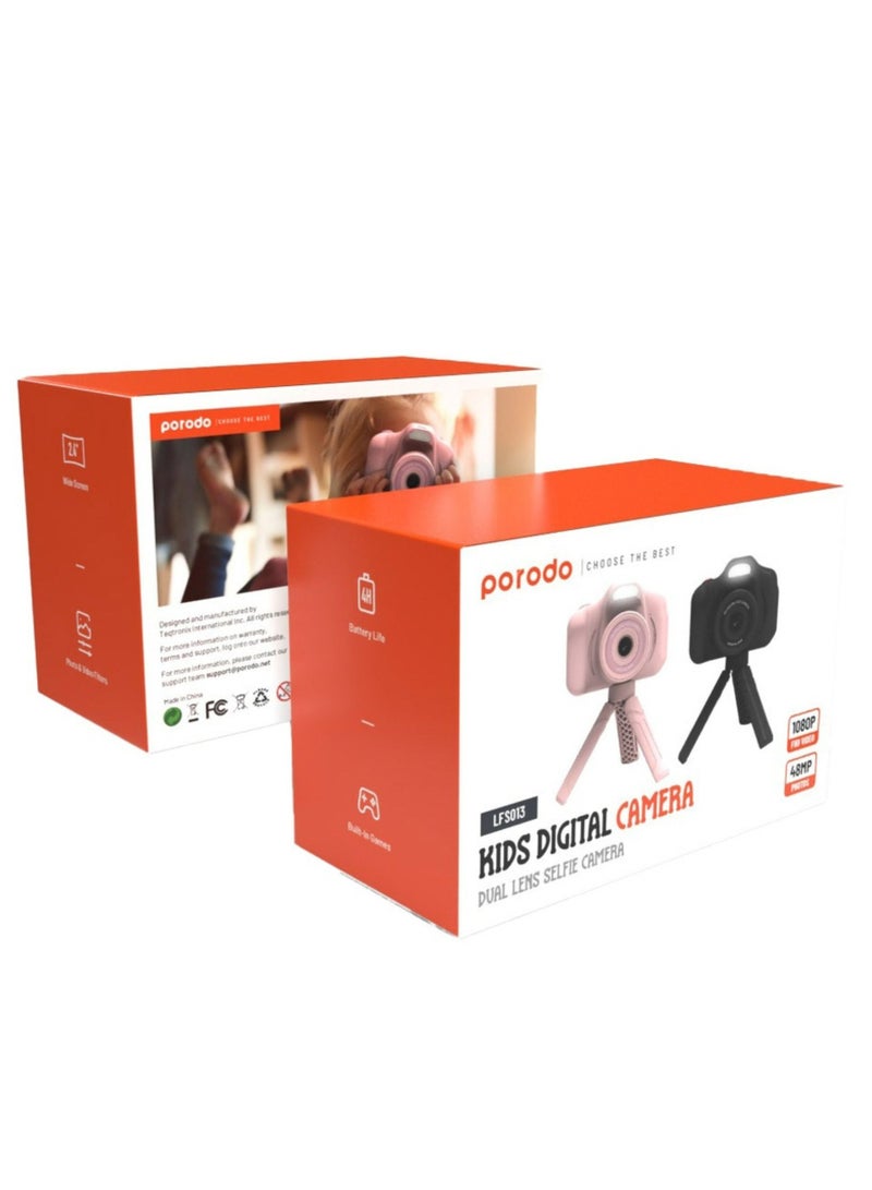 Kids Focus Camera with Tripod Stand, 320 x 240 Screen Resolution, Up to 5 Hours Working Time, Built-in Games, Photo & Video Filters, Dual Lens Selfie Camera - Black