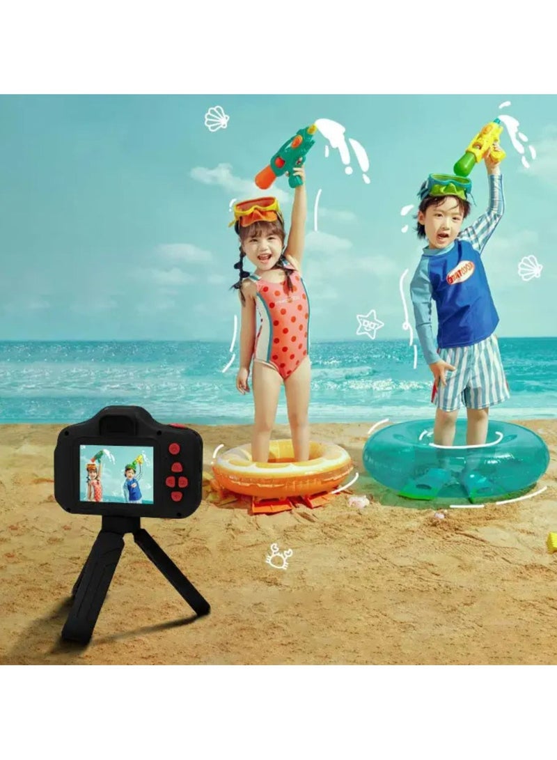 Kids Focus Camera with Tripod Stand, 320 x 240 Screen Resolution, Up to 5 Hours Working Time, Built-in Games, Photo & Video Filters, Dual Lens Selfie Camera - Black