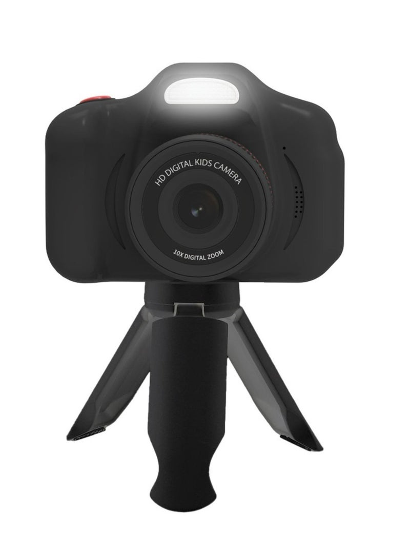 Kids Focus Camera with Tripod Stand, 320 x 240 Screen Resolution, Up to 5 Hours Working Time, Built-in Games, Photo & Video Filters, Dual Lens Selfie Camera - Black