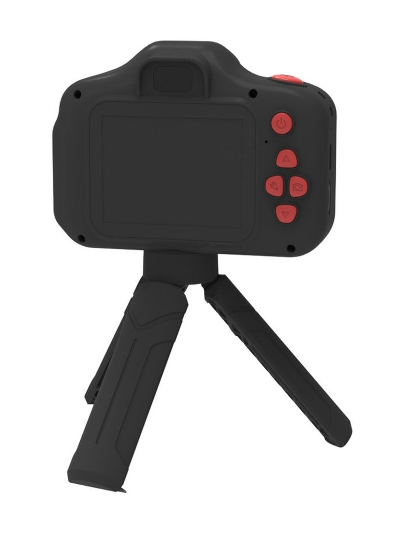 Kids Focus Camera with Tripod Stand, 320 x 240 Screen Resolution, Up to 5 Hours Working Time, Built-in Games, Photo & Video Filters, Dual Lens Selfie Camera - Black