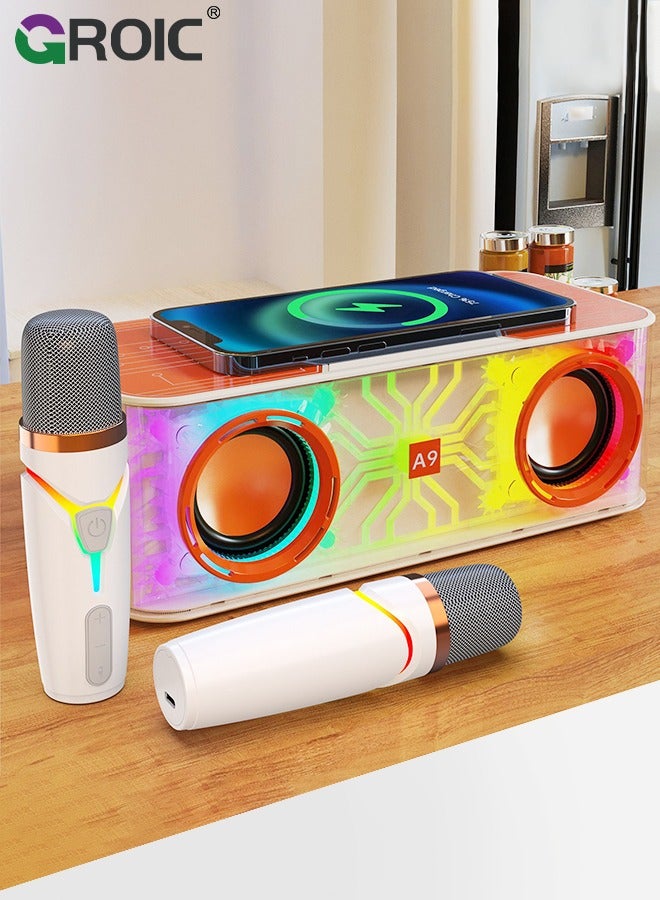 Karaoke Machine with Wireless Charger, 2 Microphone Portable Bluetooth Speaker, Karaoke Machine with Bass and Dazzling Lights, Speaker Singing Machine with Disco LED Lights and Phone Wireless Charger