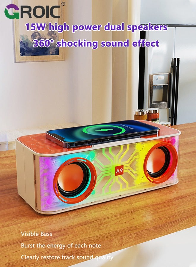 Karaoke Machine with Wireless Charger, 2 Microphone Portable Bluetooth Speaker, Karaoke Machine with Bass and Dazzling Lights, Speaker Singing Machine with Disco LED Lights and Phone Wireless Charger