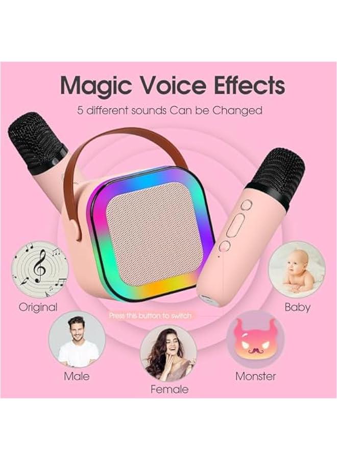 Karaoke Machine for Kids Adults, Portable Bluetooth Speaker with 2 Wireless Microphones, Mini Karaoke Machine with Dual Singing Function, Gifts Toys for Girls Boys Family Home Party(Pink)