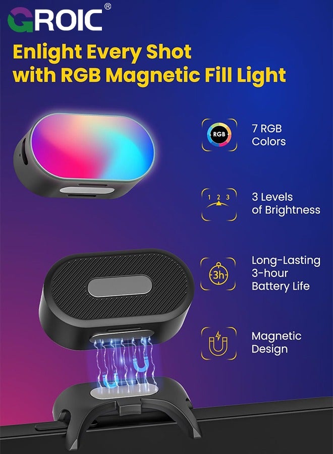 Magnetic RGB LED Light, 7 Color Temperature, 3 Brightness Adjustment, 180 Mins Long-Lasting, Gradient Mode, Flash Mode 180° Fill Light for Stabilizer