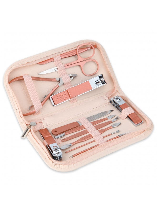 Nail Clippers and Beauty Tool Portable Set, Rose Gold Martensitic Stainless Steel Manicure Set 12 in 1, with Pink Leather Bag, Suitable for Home, Workplace, Outdoor Travel, Gift Giving, Beauty Salon.