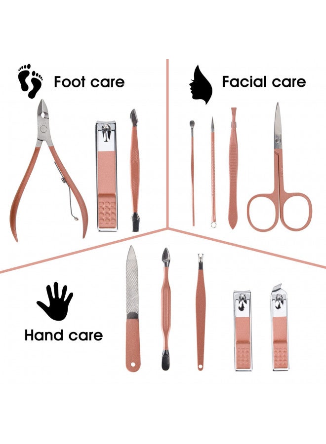 Nail Clippers and Beauty Tool Portable Set, Rose Gold Martensitic Stainless Steel Manicure Set 12 in 1, with Pink Leather Bag, Suitable for Home, Workplace, Outdoor Travel, Gift Giving, Beauty Salon.