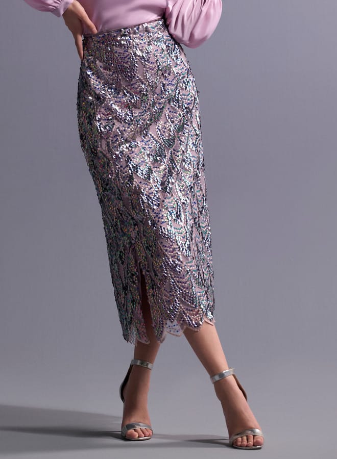 Iconic Sequin Embellished Skirt with Cutwork Hem and Slit Detail