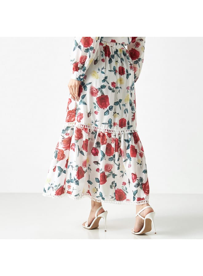 2Xtremz Floral Print Maxi A-line Skirt with Lace Detail