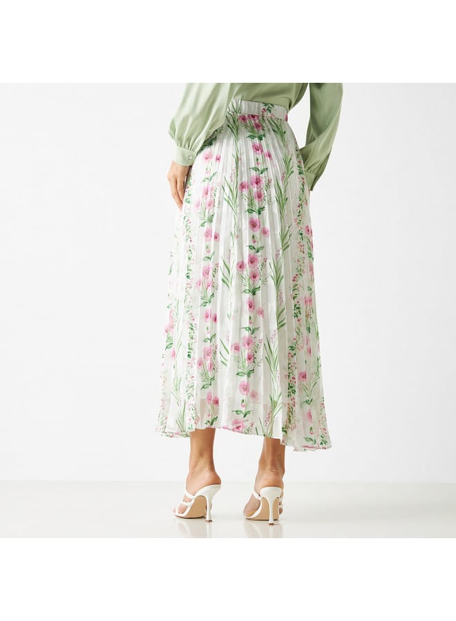 Iconic All-Over Floral Print Pleated A-line Skirt with Elasticated Waistband