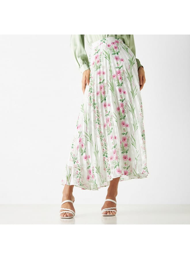 Iconic All-Over Floral Print Pleated A-line Skirt with Elasticated Waistband