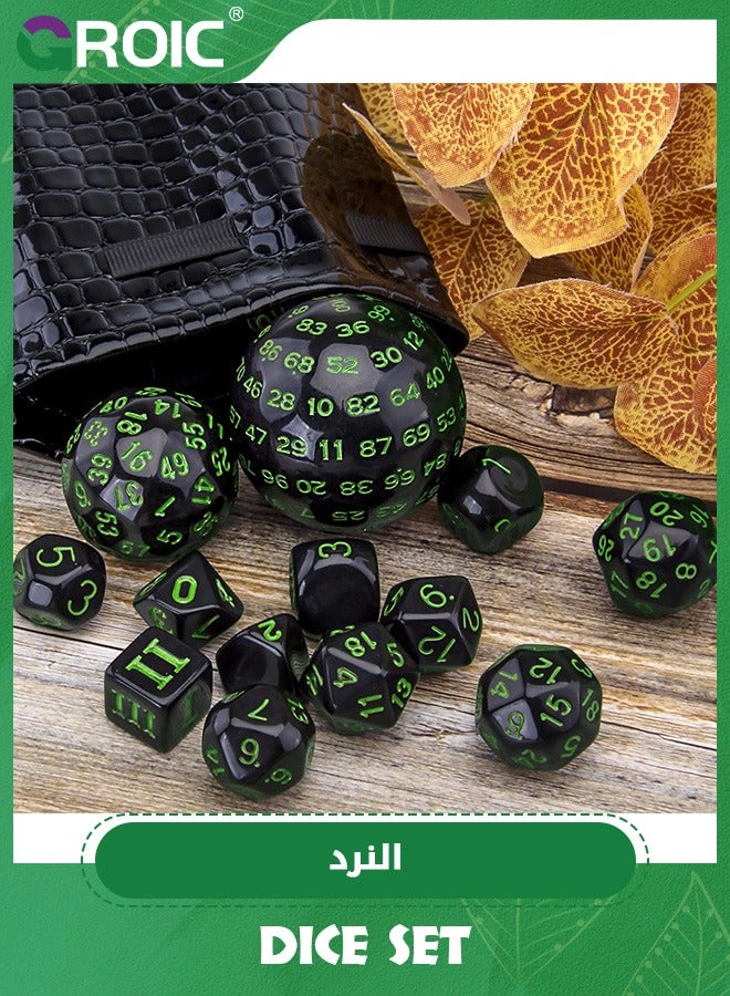 15 Pieces Complete Polyhedral Dice Set D3-D100 Game Dice Set with a Drawstring Storage Bag for Role Playing Table Games(Black & Green)