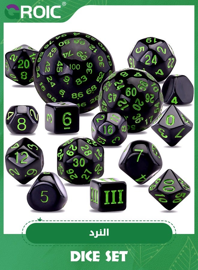 15 Pieces Complete Polyhedral Dice Set D3-D100 Game Dice Set with a Drawstring Storage Bag for Role Playing Table Games(Black & Green)