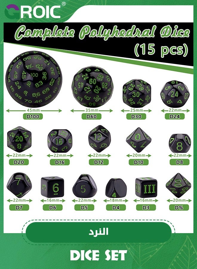 15 Pieces Complete Polyhedral Dice Set D3-D100 Game Dice Set with a Drawstring Storage Bag for Role Playing Table Games(Black & Green)