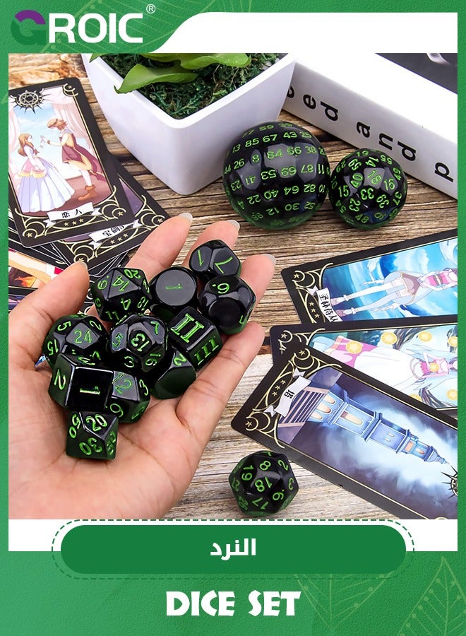 15 Pieces Complete Polyhedral Dice Set D3-D100 Game Dice Set with a Drawstring Storage Bag for Role Playing Table Games(Black & Green)