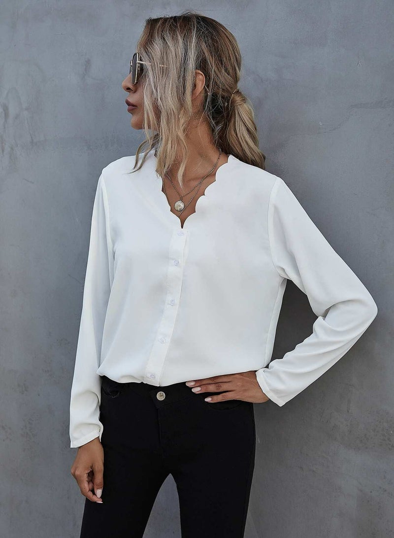 Solid Scallop Trim Button Front Blouse