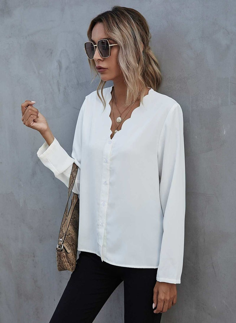 Solid Scallop Trim Button Front Blouse