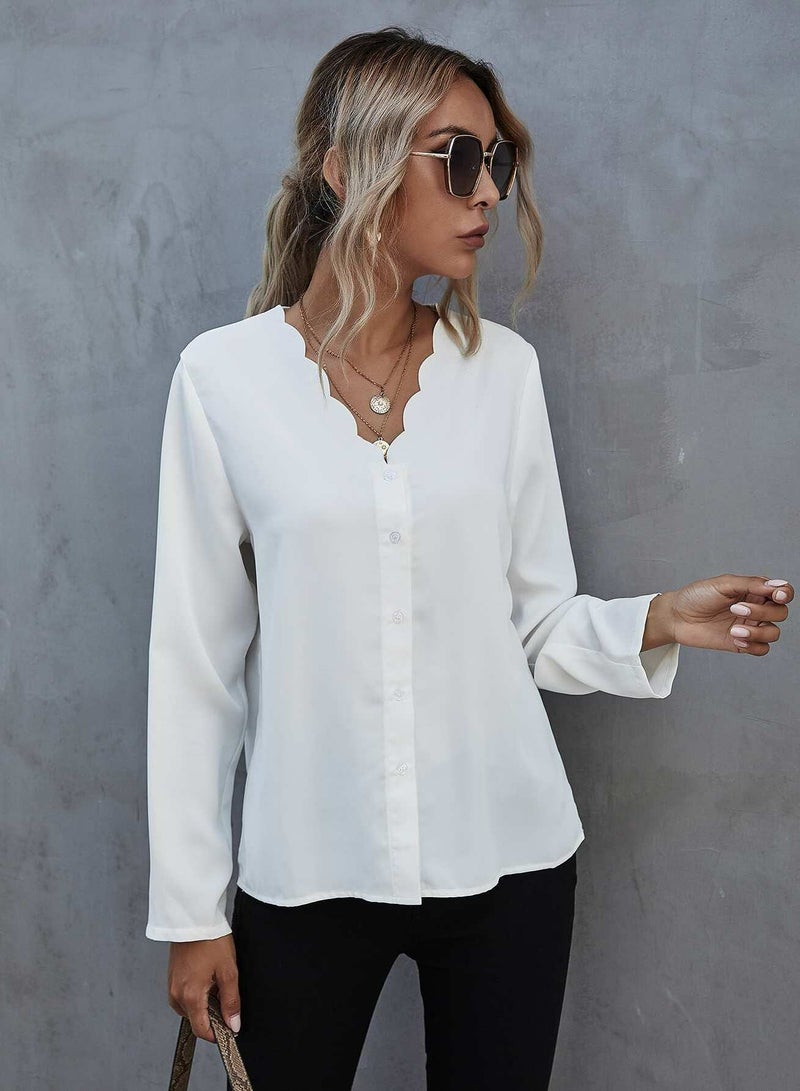 Solid Scallop Trim Button Front Blouse