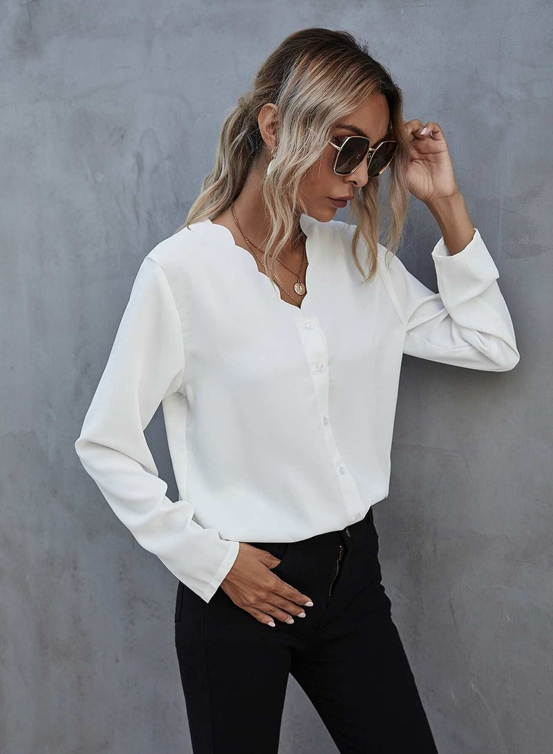 Solid Scallop Trim Button Front Blouse