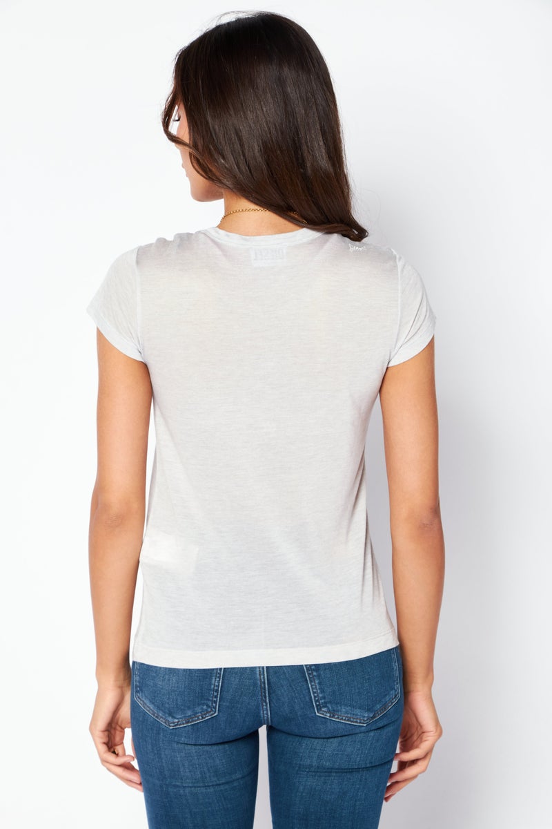 Women Round Neck Short Sleeves Graphic Tee, White