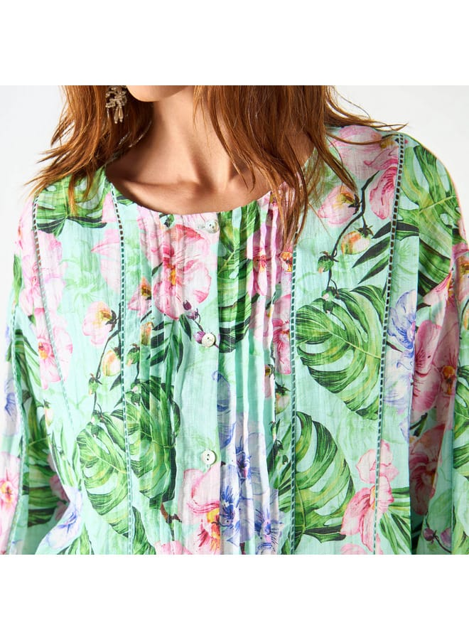Iconic All-Over Tropical Print Top with Long Sleeves and Pintuck Detail