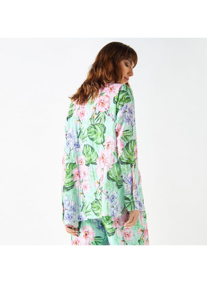 Iconic All-Over Tropical Print Top with Long Sleeves and Pintuck Detail