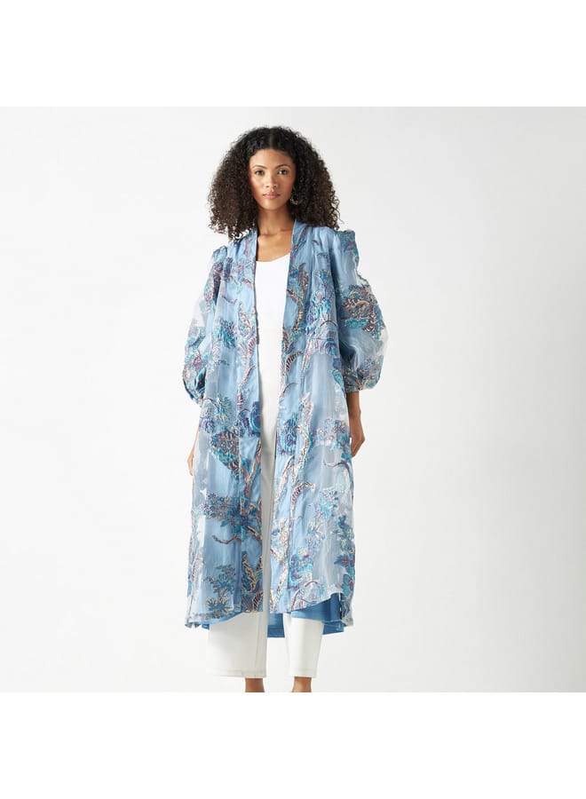 Iconic Floral Print Embroidered Open Front Kimono