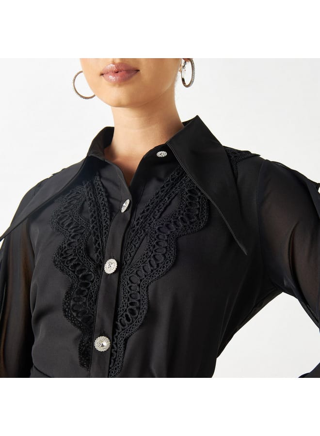 2Xtremz Lace Detail Shirt with Oversized Collar and Ruffled Sleeves