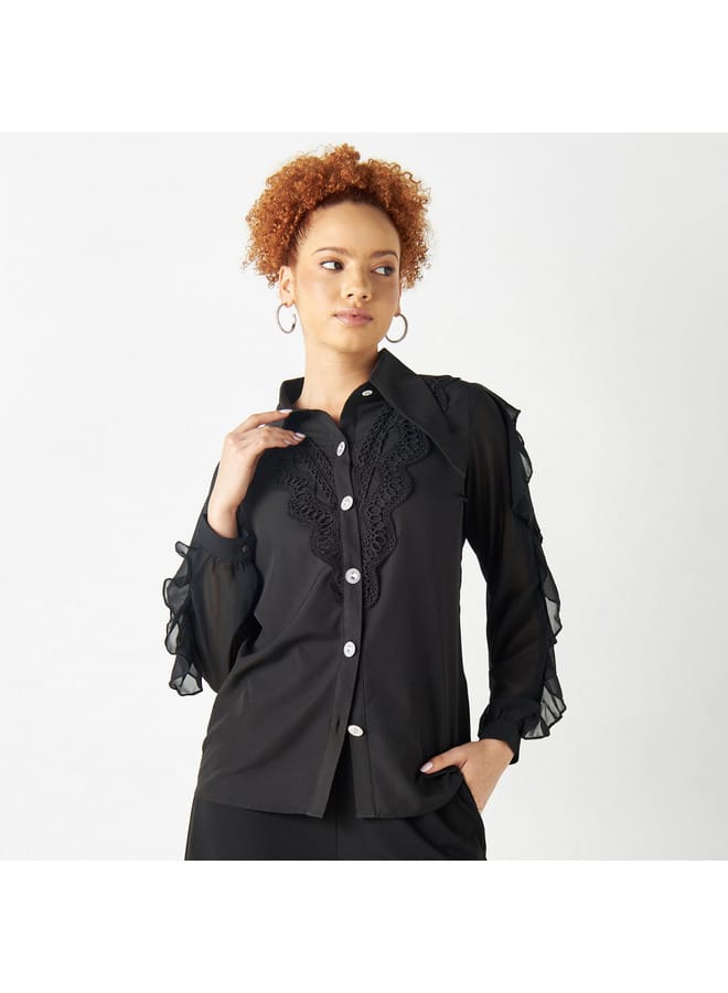 2Xtremz Lace Detail Shirt with Oversized Collar and Ruffled Sleeves