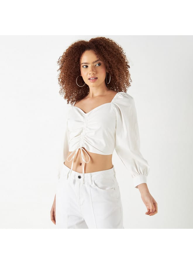 Lee Cooper Solid Crop Top with Diamond Neck and Tie-Ups