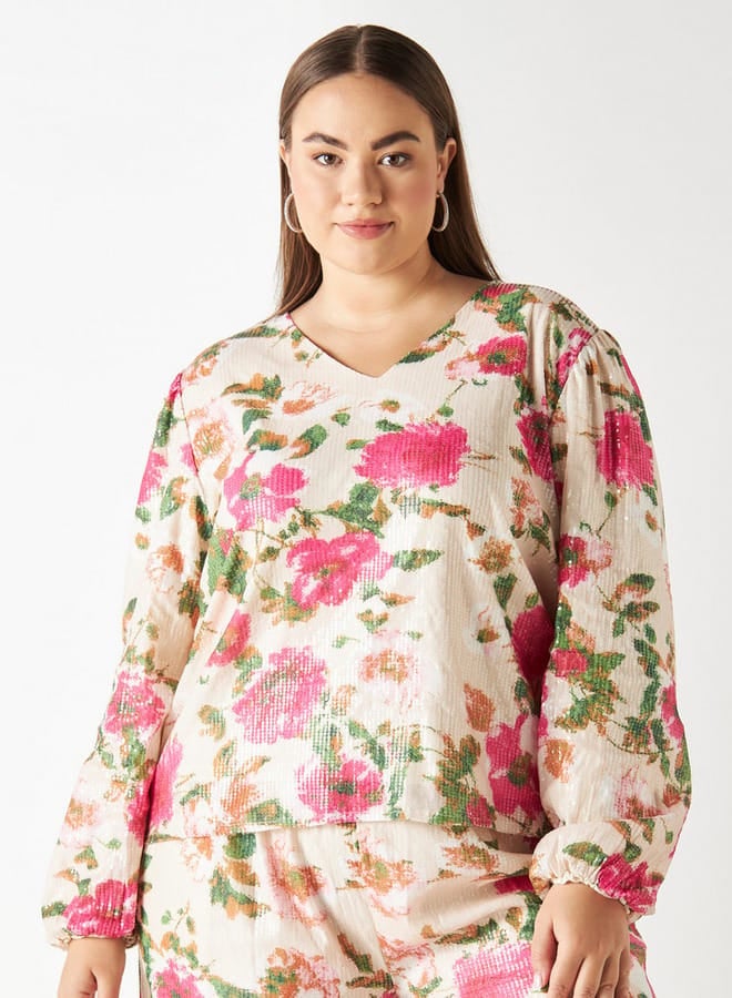 2Xtremz Sequin Embellished Floral Print Top with V-neck