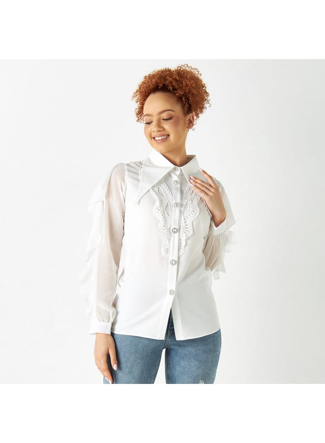 2Xtremz Lace Detail Shirt with Oversized Collar and Ruffled Sleeves