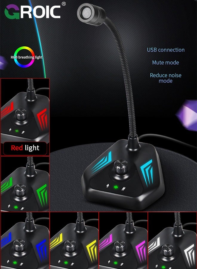 USB Computer Microphone, Computer Microphone with Adjustable Gooseneck, Plug and Play RGB Gaming Microphone, Compatible with PC, Laptop, Desktop