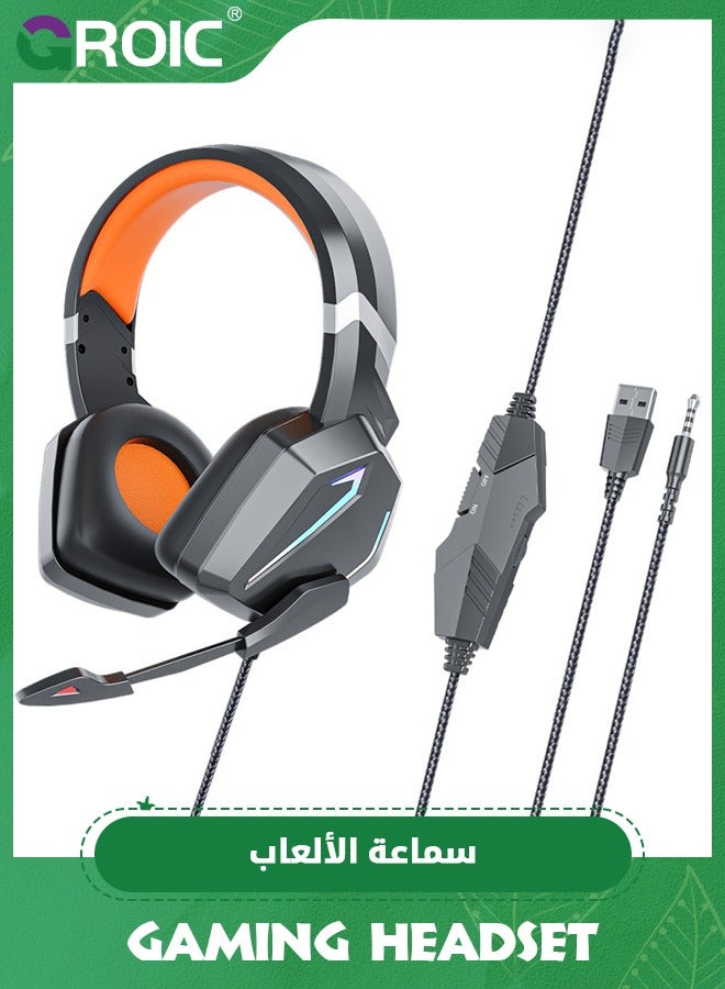 The Orange Stereo Gaming Headset for PS4 PC Xbox One PS5 Controller, Noise Cancelling Over Ear Headphones with Mic, LED Light, Bass Surround, Soft Memory Earmuffs