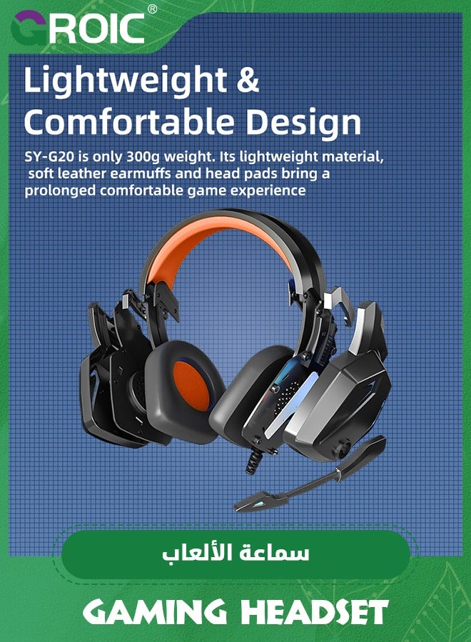 The Orange Stereo Gaming Headset for PS4 PC Xbox One PS5 Controller, Noise Cancelling Over Ear Headphones with Mic, LED Light, Bass Surround, Soft Memory Earmuffs