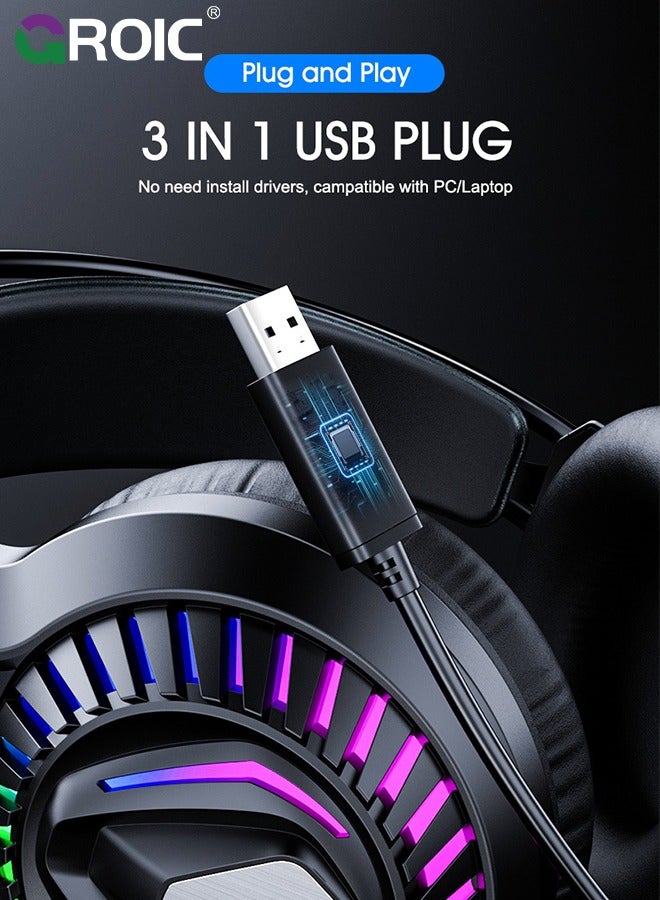 USB Gaming Headset for PC, Computer Headset with Detachable Noise Cancelling Mic, 7.1 Surround Sound, 50MM Driver - Headphones with Microphone for PS4/PS5, Xbox One, Laptop, Office