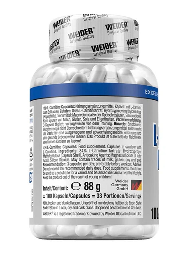 L-Carnitine – 100 Capsules – Fat Metabolism & Energy Booster for Weight Management