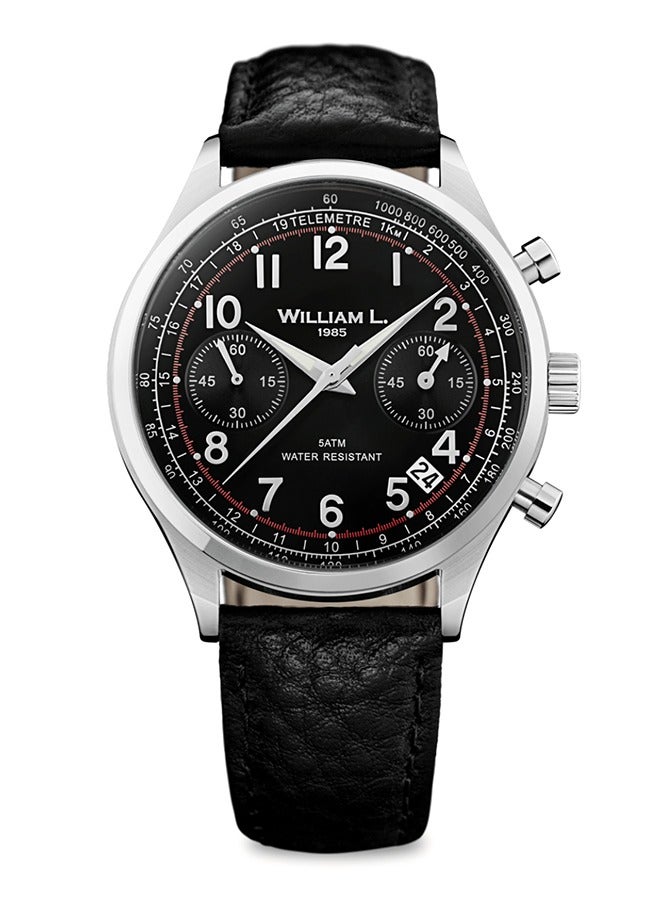 William L. 1985 Men's Vintage Style Chronograph Stainless Steel with Black Dial and Black Buffalo Strap Watch - WLAC01NRBN