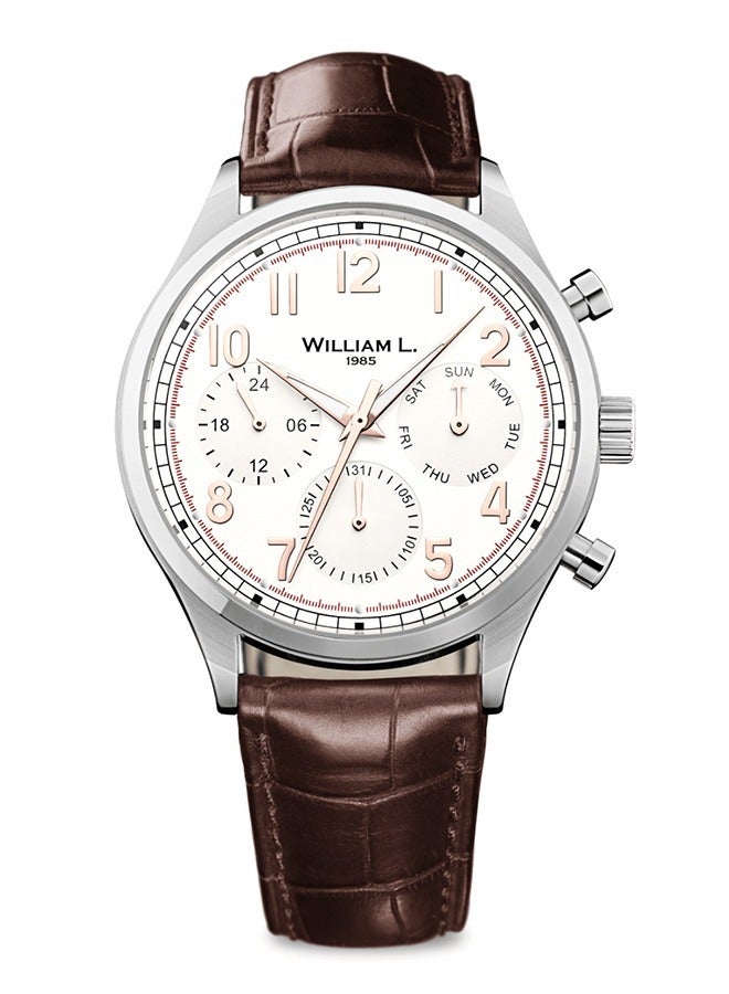 William L. 1985 Men's Vintage Style Chronograph Bicolor Stainless Steel with Cream Dial and Brown Croco Strap Watch - WLAC03BCORCM