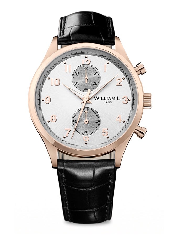 William L. 1985 Men's Vintage Style Small Chronograph Rose Gold Ion Plating with Silver Dial and Black Croco Strap Watch -WLOR02GOCN