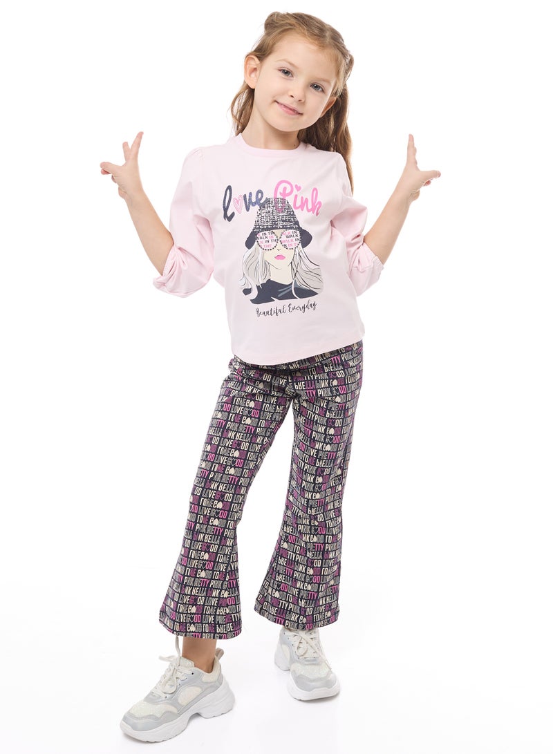 Glitter Printed Embellished Top With Printed Flared Leggings