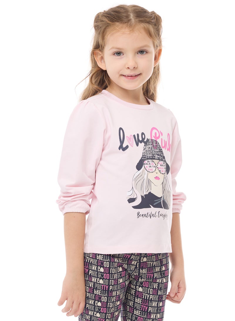 Glitter Printed Embellished Top With Printed Flared Leggings