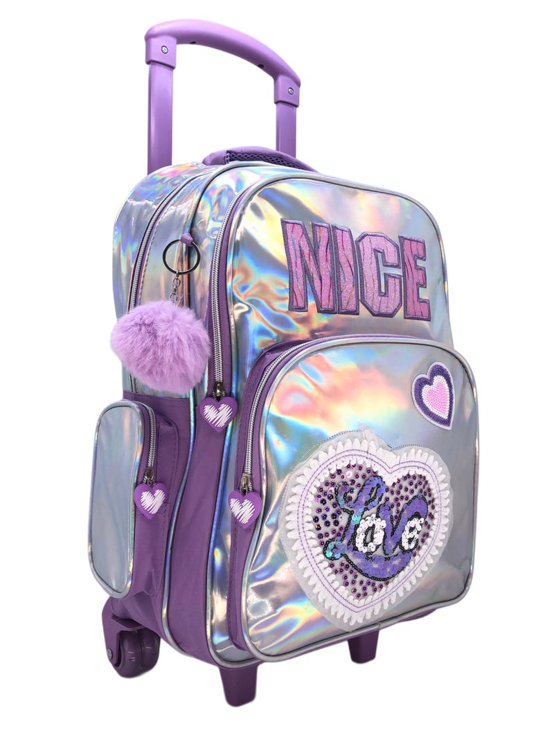 Blue Pink Love Design Rolling Backpack 18 inch Wheeled Kids Backpack with Lunch Bag and Pencil Case for Girls Blue and Pink